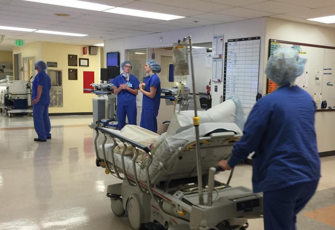 A health care worker pushes a gurney passed other workers in blue scrubs inside a hospital through a corridor. 