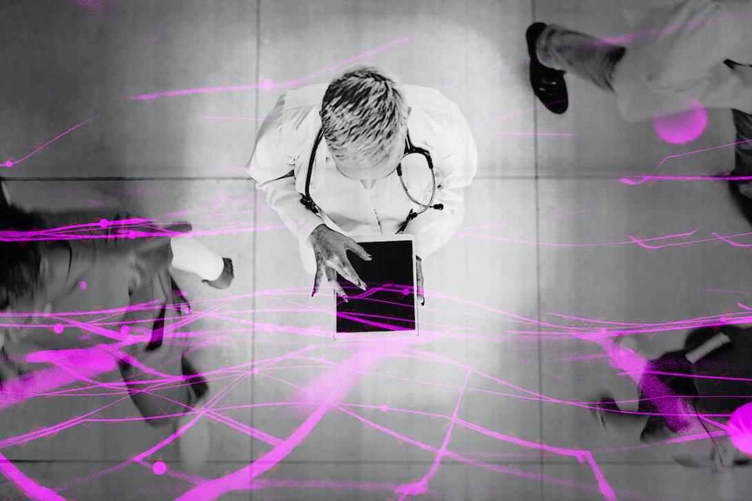 AI KFFHN illustration, only. usable for the one article A n illustration of a doctor using a tablet inside a hospital with connected lines and waves overlayed to represent AI.
