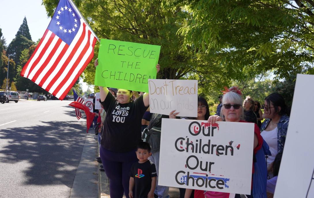 People holding signs reading our children our choice and don't tread on our kids stand by a roadside. A 13 colonies flag waves above them.