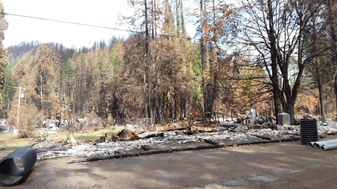 Clinic Fire burned-out building surrounded by forest