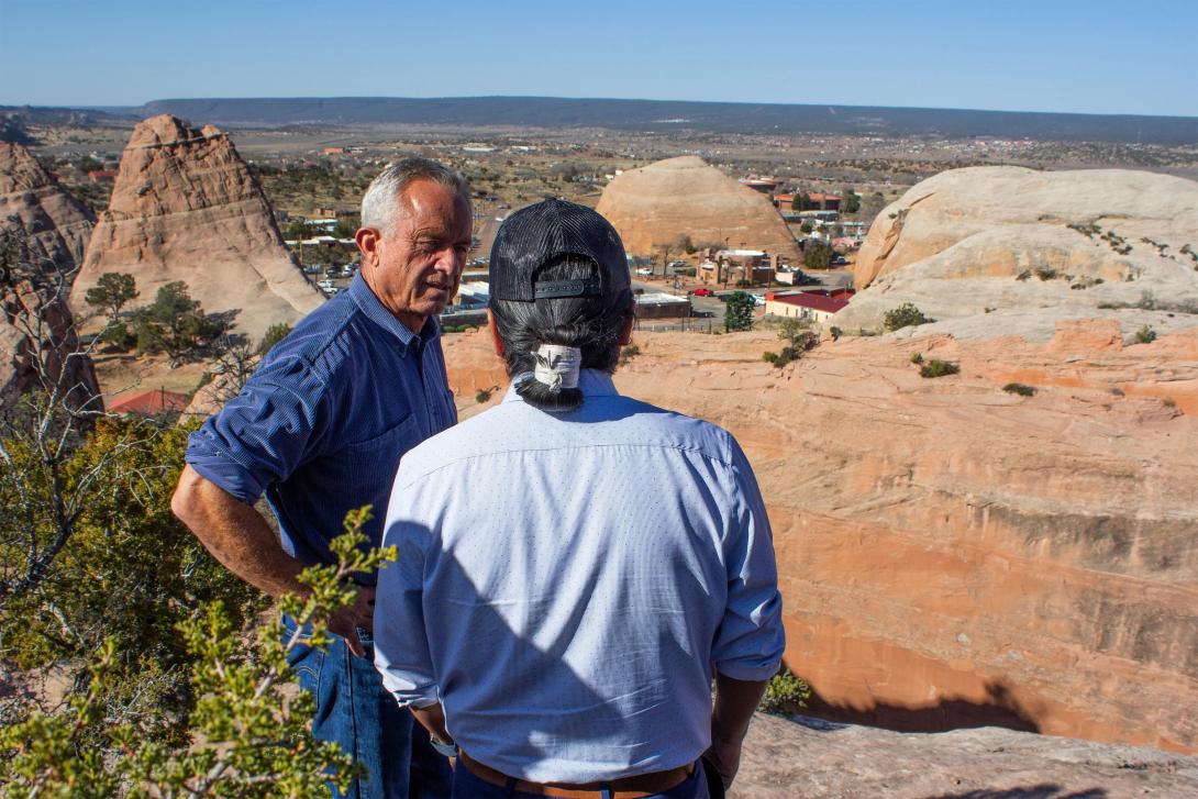 Navajo Nation President Buu Nygren (center) speaks with RFK Jr. on the edge of a ridge in Window Rock, Arizona, about the nation’s list of health priorities. Navajo Nation President Buu Nygren (center) speaks with RFK Jr. on the edge of a ridge in Window Rock, Arizona, about the nation’s list of health priorities.