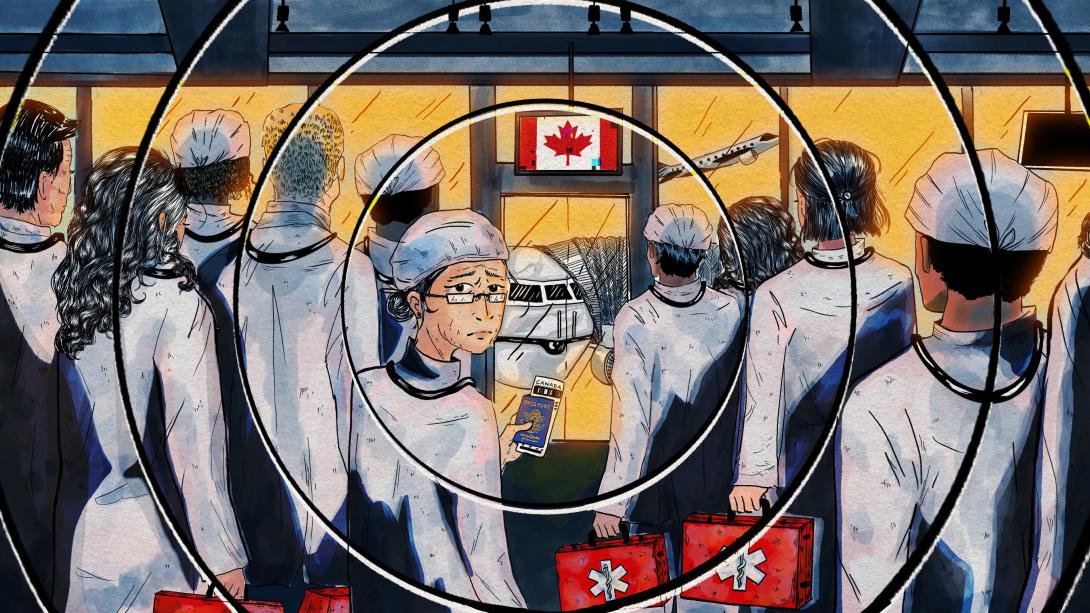 Illustration of doctors leaving the US for Canada Illustration of doctors leaving the US for Canada