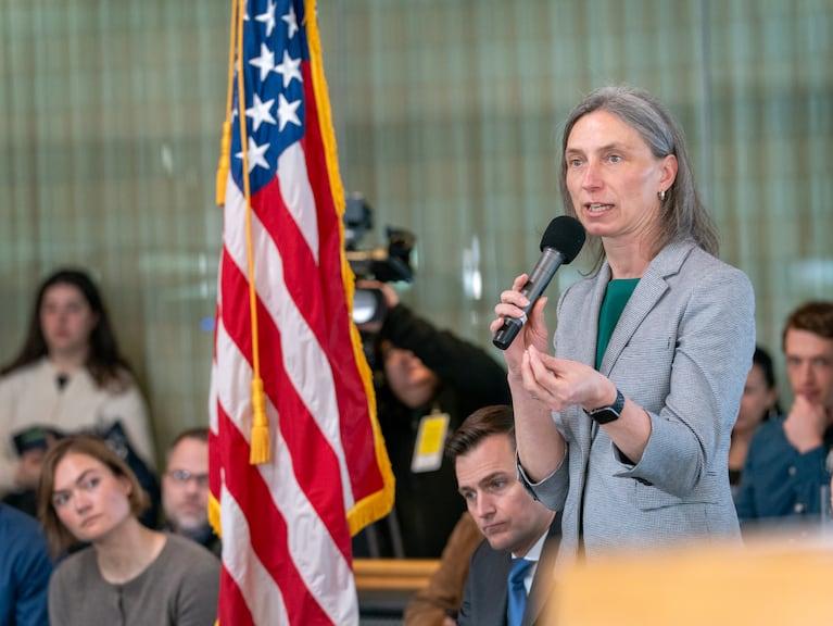 Rep. Maxine Dexter speaks at a town hall in March 2025