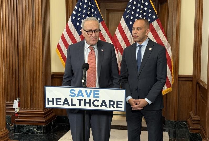 U.S. Senate Minority Leader Chuck Schumer, D-N.Y., and House Minority Leader Hakeem Jeffries, D-N.Y., speak with reporters during a press conference in the U.S. Capitol building in Washington, D.C., on Wednesday, Dec. 3, 2025. (Photo by Jennifer Shutt/States Newsroom)