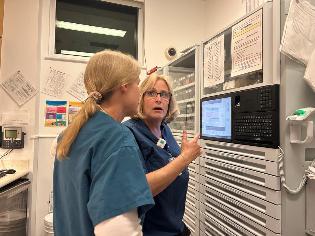 Nurse Brandy Frye (right) works a night shift at Nanaimo Regional General Hospital in British Columbia on Feb. 16. Frye says she left the United States because of the American administration's policies.