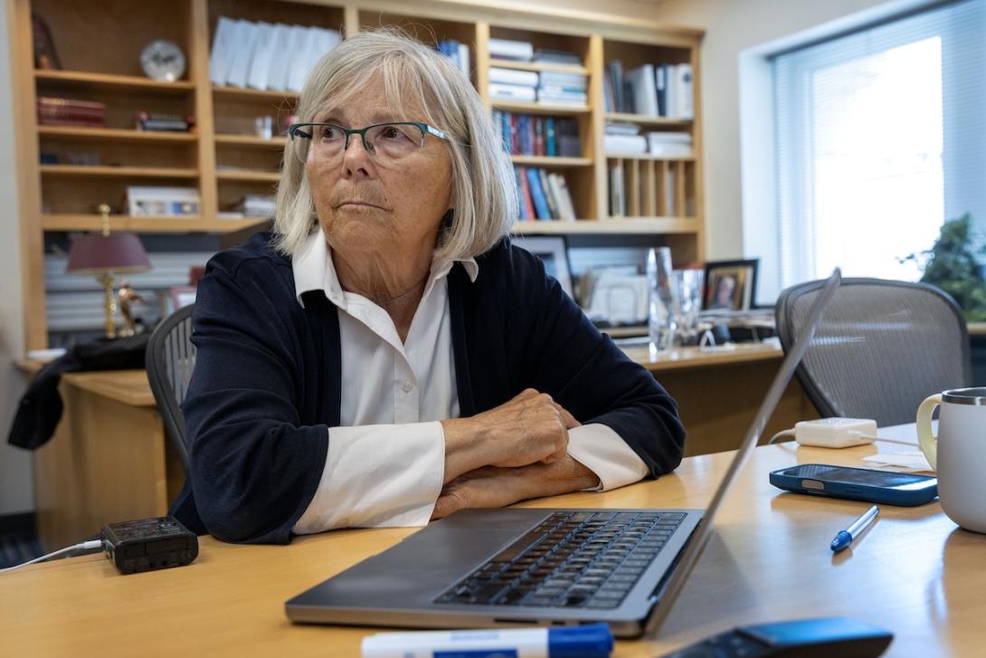 Joan Brugge in her office at Harvard Medical School.