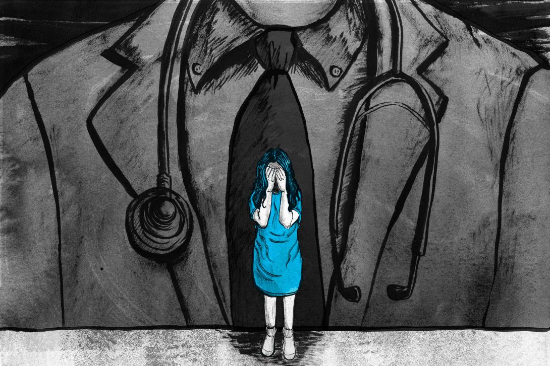 Illustration of fearful woman in front of doctor.
