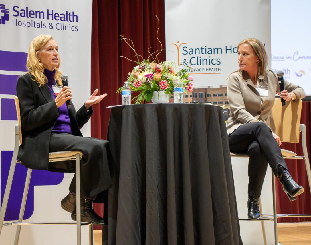 Salem Health CEO Cheryl Nester Wolfe, right, and Santiam CEO Maggie Hudson, left, field questions about the planned merger.