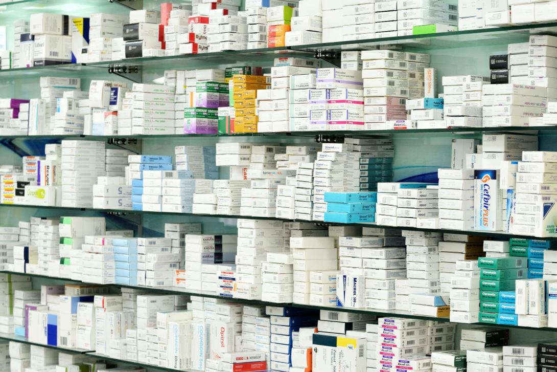 Pharmaceuticals on shelves.
