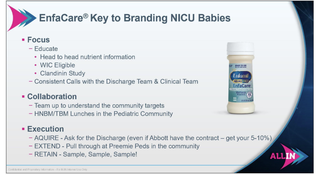 A Mead Johnson slide for a 2020 national sales meeting outlined a plan for “Branding NICU Babies.”