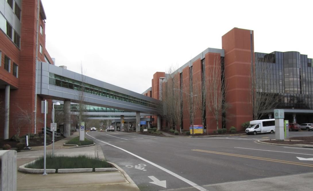 Brick hospital building with road going under sky bridge